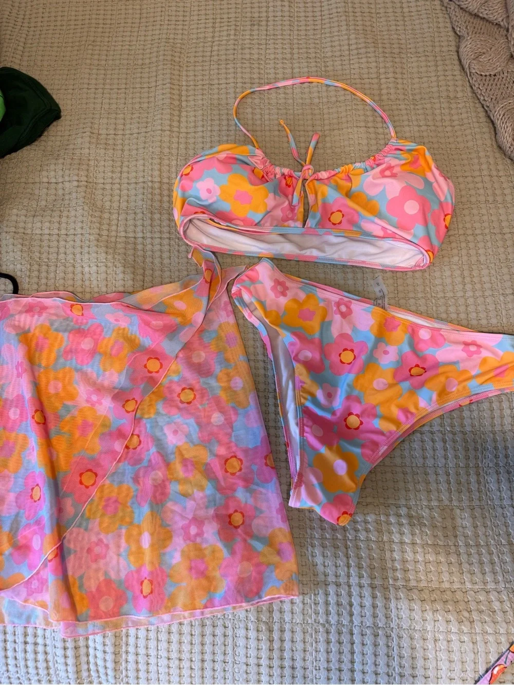 Polly Pocket Inspired Floral Pink & Orange Bikini Set with Matching Cover-Up